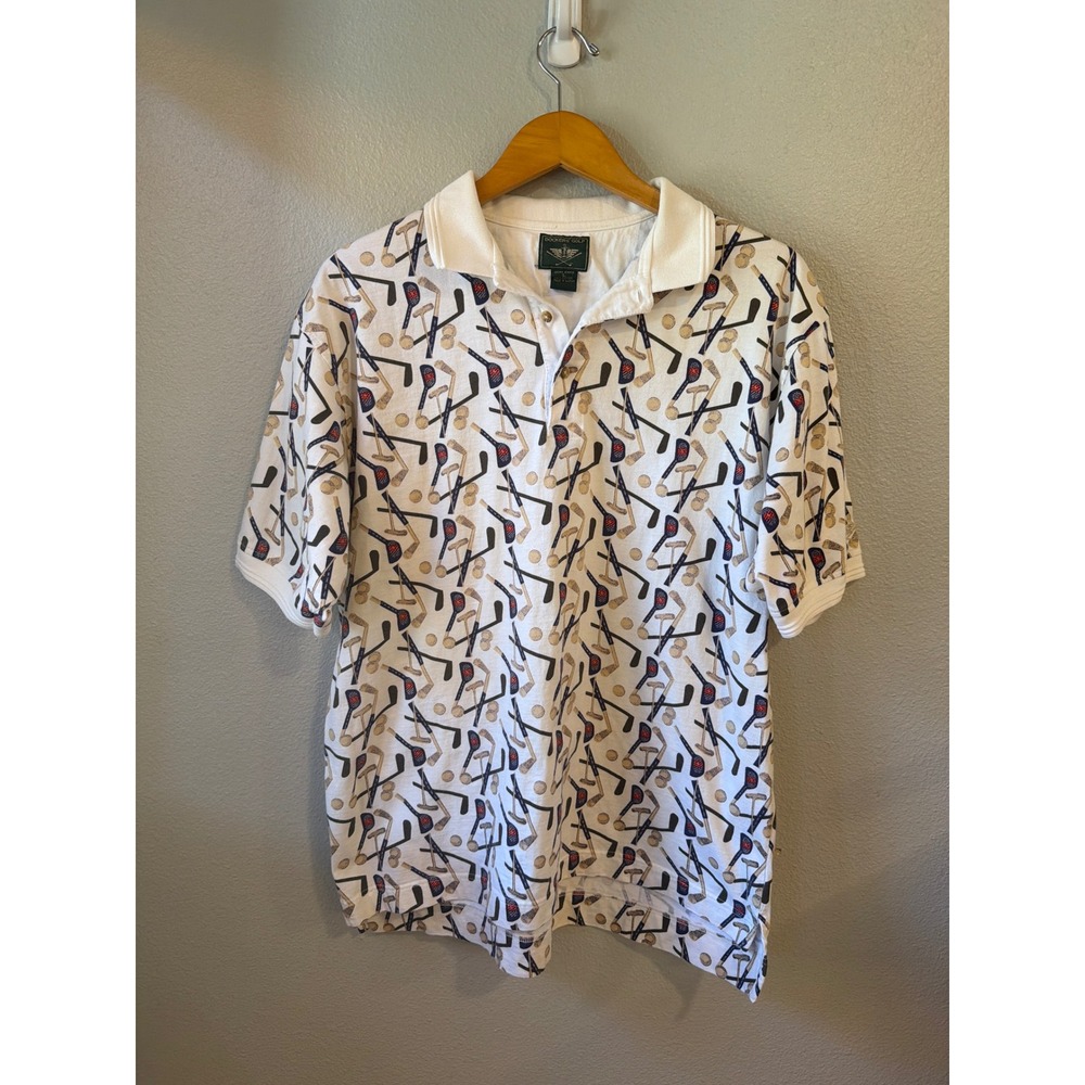 Dockers Golf Polo Shirt Mens Lg White‎ Vintage Golf Club Print Cotton Short Slv